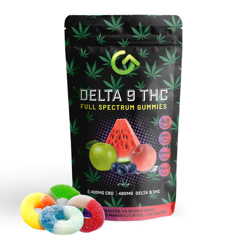 Bag of 48ct Delta 9 Gummy Rings with 10mg THC and 50mg CBD per ring in assorted fruit flavors, made in the USA.