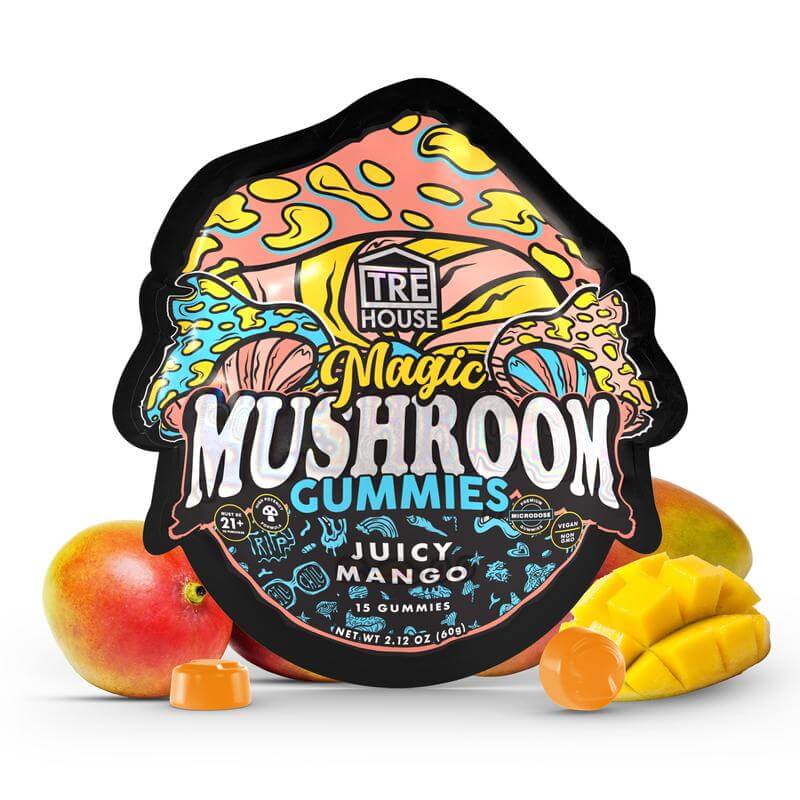 Trehouse Juicy Mango flavored magic mushroom gummies, containing 15 gummies per pack