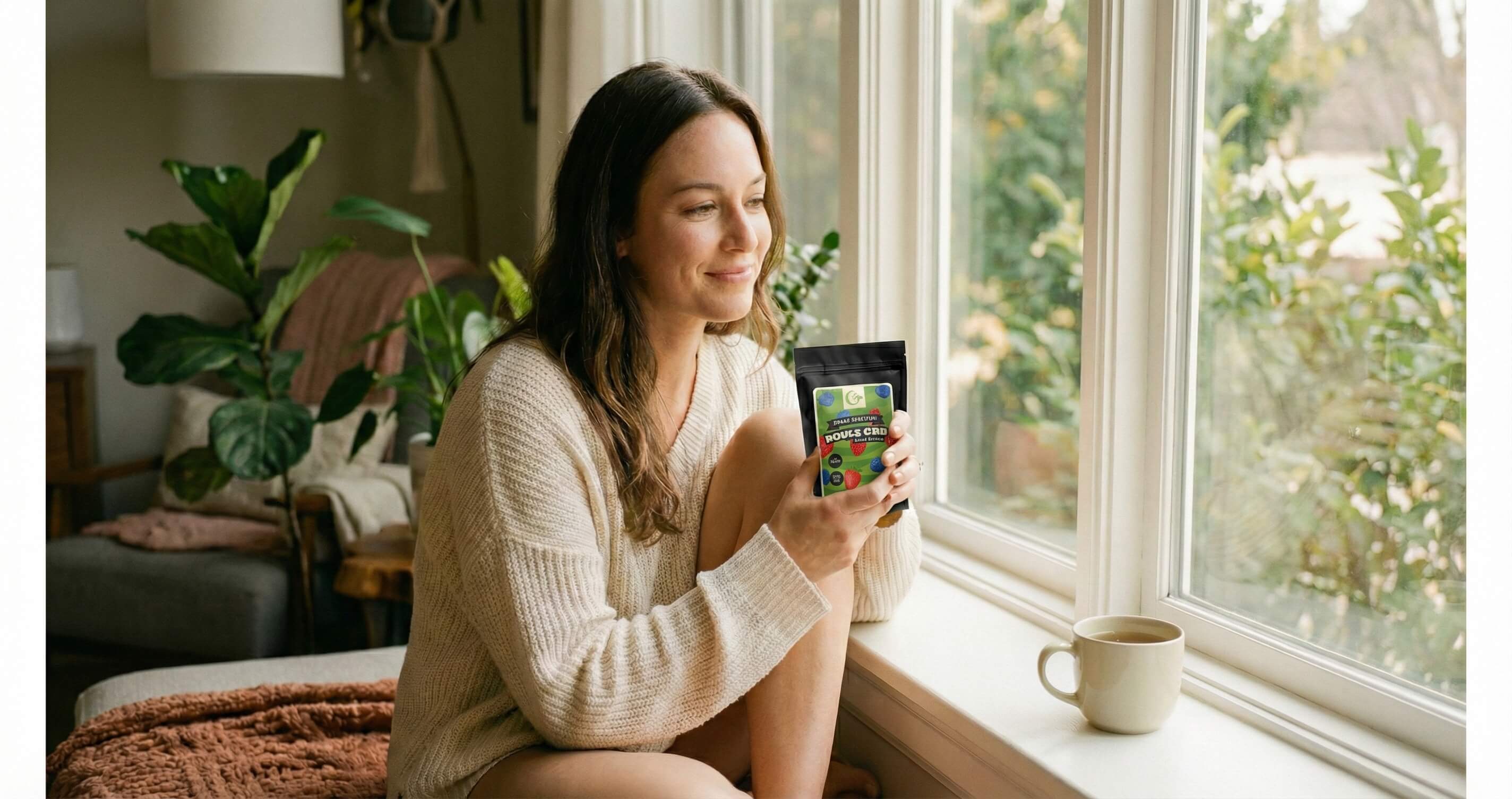 Woman relaxing with CBD gummies for anxiety relief in a sunlit living room