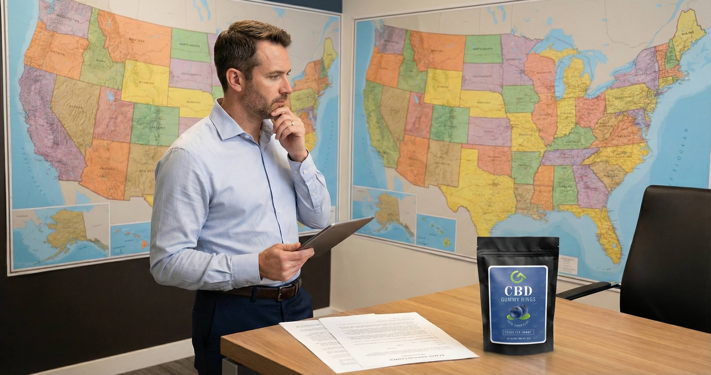 Man reviewing CBD gummy state laws on a U.S. map in a modern office setting