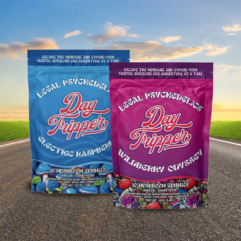 Day Tripper Magic Mushroom Gummies Assorted Flavor Packs with Clean, Minimalist Packaging