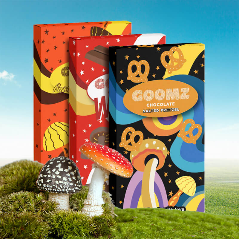 Goomz Magic Mushroom Chocolate Bars in Assorted Flavors with Bold, Colorful Packaging