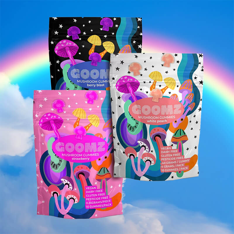 Goomz Magic Mushroom Gummies in Assorted Flavors with Bold, Colorful Gummy Packaging