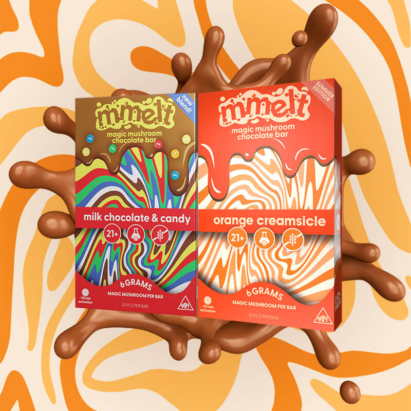  Mmelt Magic Mushroom Chocolate Bars in Assorted Flavors with Bright, Colorful Packaging