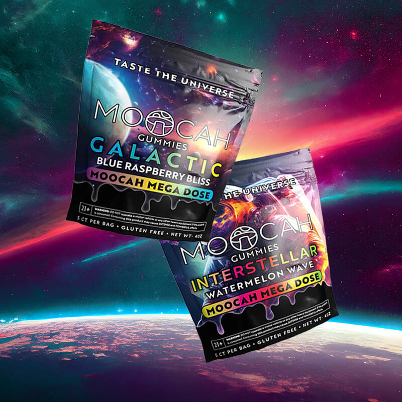 Moocah Magic Mushroom Gummies Assorted Flavor Bags with Bold Cosmic-Themed Packaging