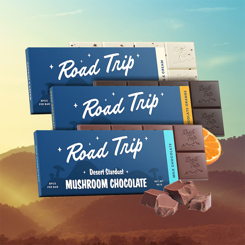 Road Trip Magic Mushroom Chocolate Bars in Assorted Flavors with Premium Packaging