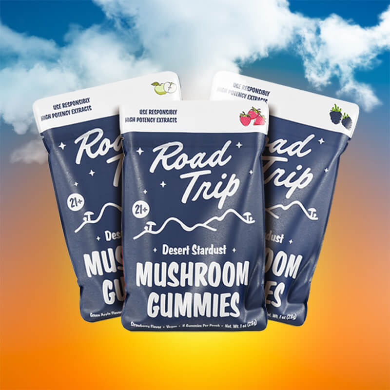 Full lineup of Road Trip Desert Stardust Mushroom Gummies in all eight flavors displayed together