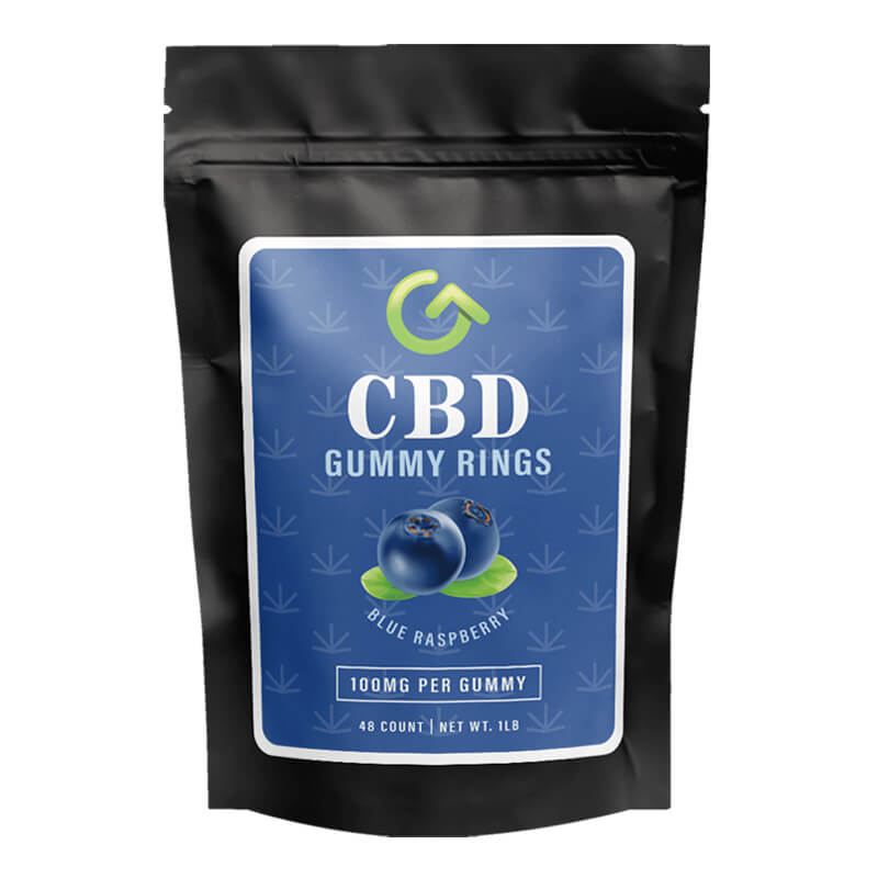 A bag containing 48 Blue Razz flavored gummies, each with 100mg of CBD, showcasing the high-potency and inviting blue hue of the gummies.