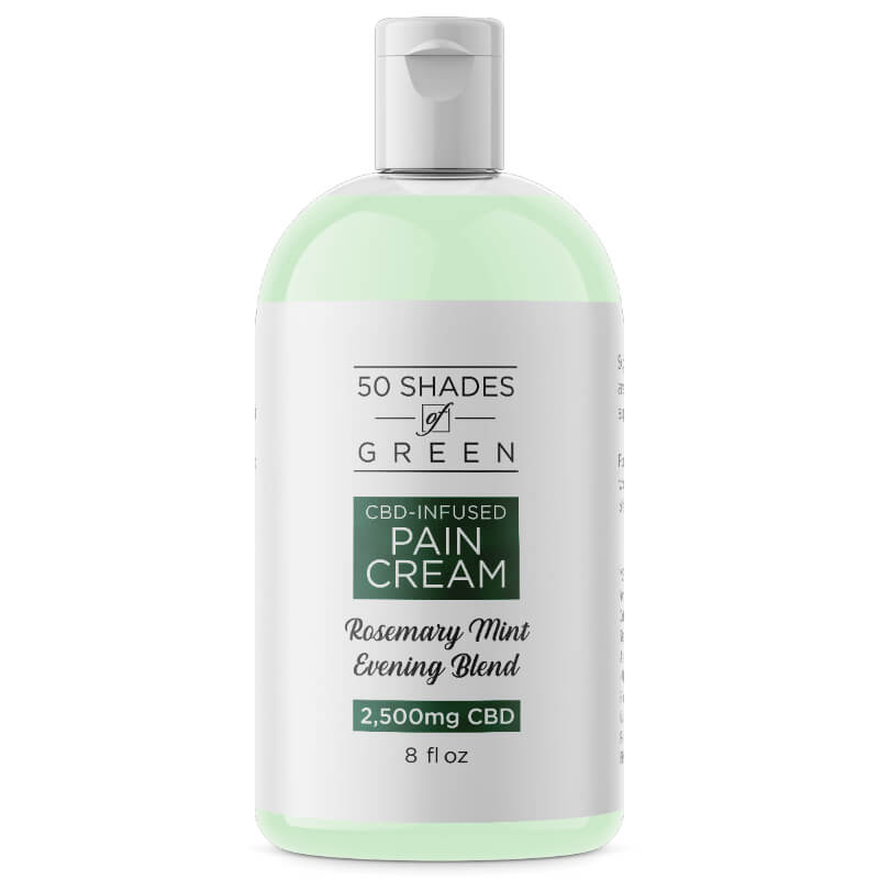 CBD Pain Cream in 8oz bottle available in 1000mg Lemon-Lime and 2500mg Rosemary Mint formulas – THC-free, fast-acting topical.

