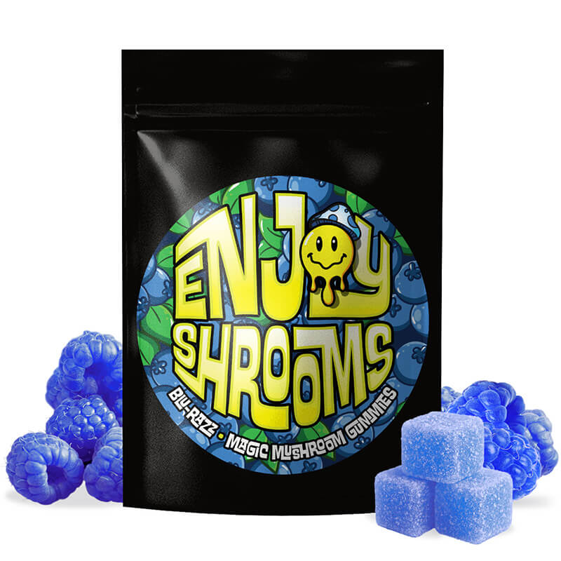  Front of Enjoy Shrooms Blue Raspberry 50ct Mushroom Gummies Bag – bold resealable packaging.