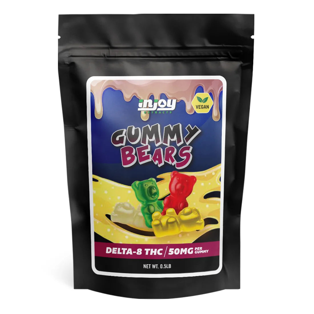 The front label of the 50mg Delta 8 Vegan Gummy Bears pouch shows 65-count mixed fruit gummies made with hemp-derived Delta 8.
