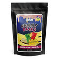 The front label of the 50mg Delta 8 Vegan Gummy Bears pouch shows 65-count mixed fruit gummies made with hemp-derived Delta 8.