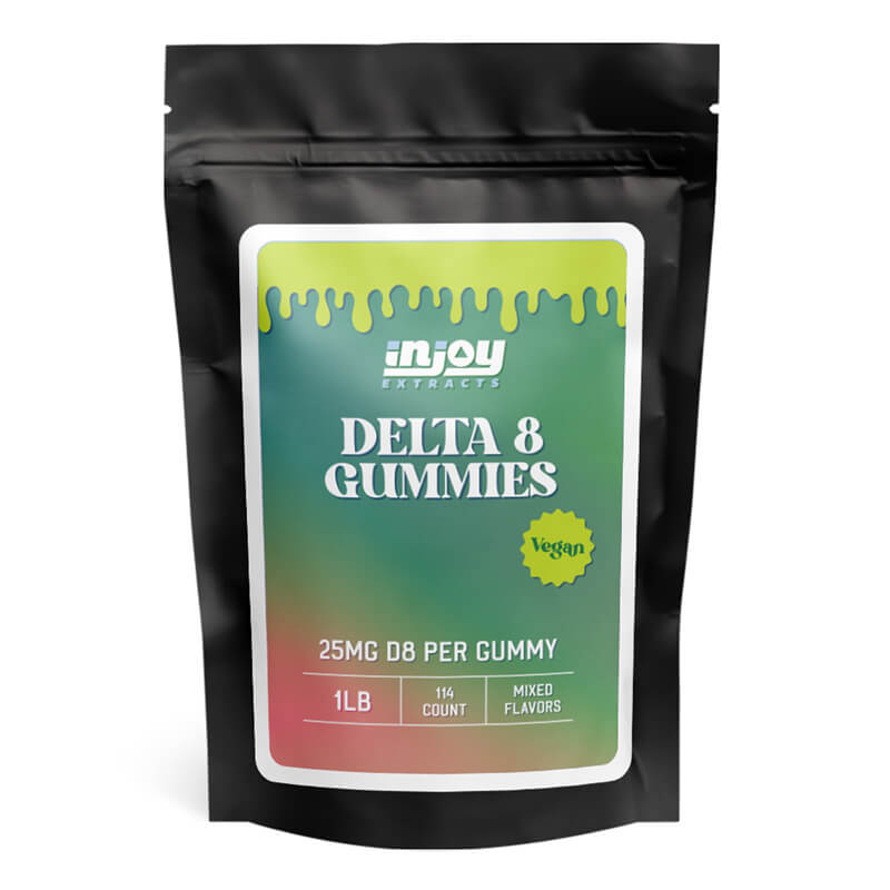 A photo rendering of the pack of 25mg vegan delta 8 gummies that come with 114 gummies per bag and mixed fruit flavors.