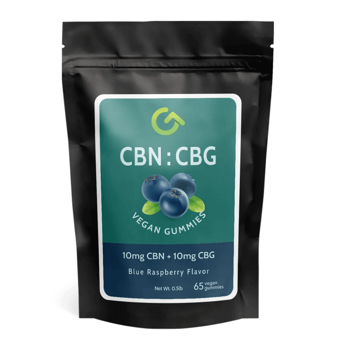 Photo of CBG and CBN infused vegan gummies in a package, emphasizing their all-natural, plant-based ingredients.