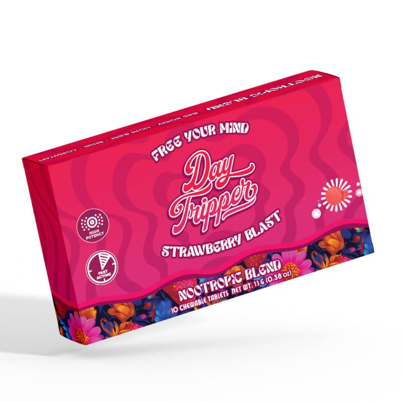 Day Tripper magic mushroom tablets with blue lotus extract and mad honey formulated for quick dissolve with a strawberry safari flavor. 