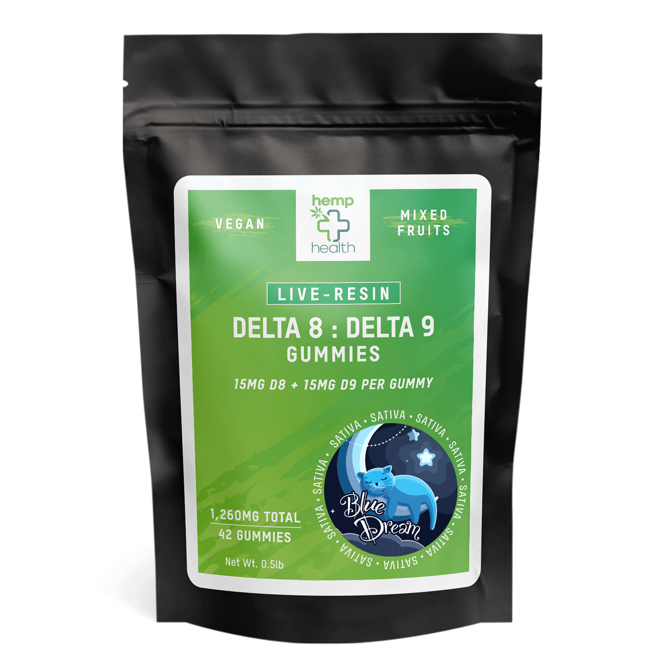 live resin delta 8/9 vegan gummies with 15mg of delta 8 and 15mg of delta 9 THC