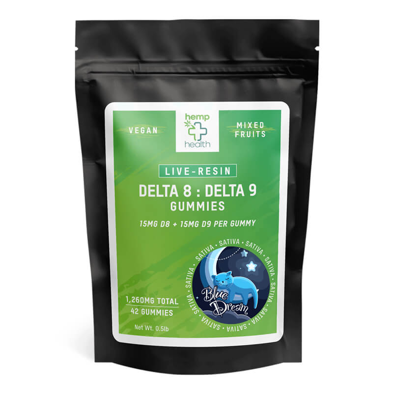 live resin delta 8/9 vegan gummies with 15mg of delta 8 and 15mg of delta 9 THC.