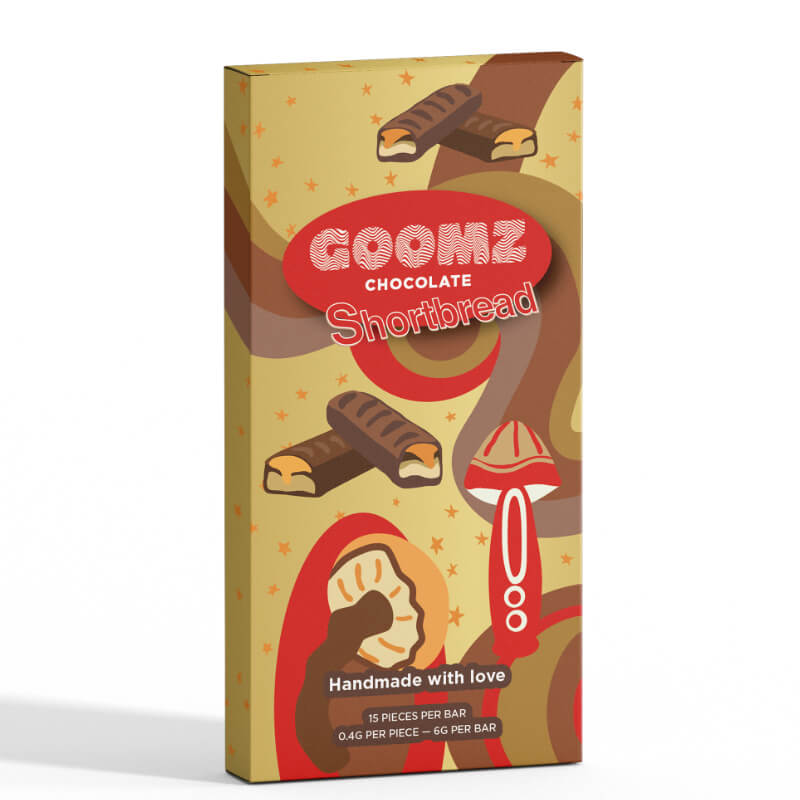 Goomz Shortbread Magic Mushroom Chocolate Bar with 10 squares and real cookie crumble blended into creamy milk chocolate.

