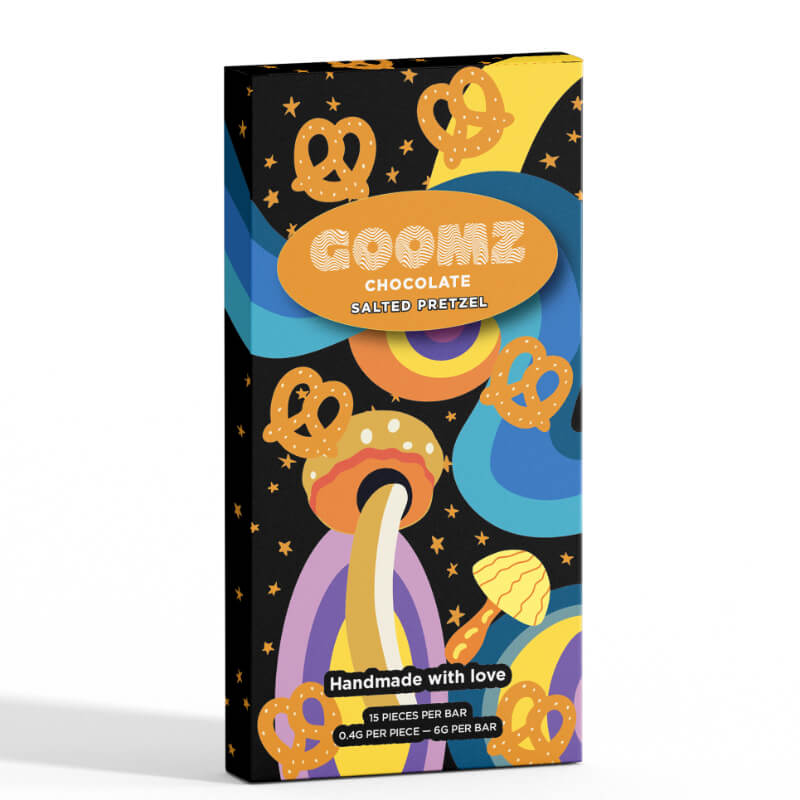Goomz Salted Pretzel Magic Mushroom Chocolate Bar with 10 squares, featuring milk chocolate and crunchy pretzel pieces.