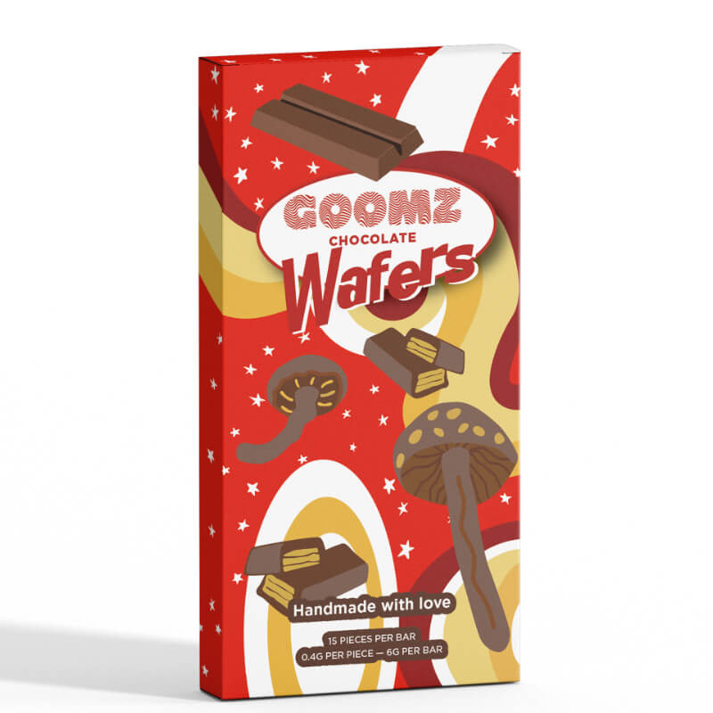 Goomz Wafer Chocolate Bar with crisp layers and rich chocolate, infused with functional mushrooms for a mood and mental boost.