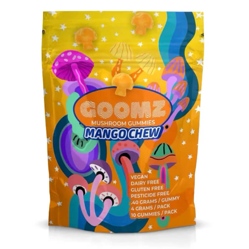  Goomz Mango Chew Magic Mushroom Gummies 10ct Bag with Tropical Theme
