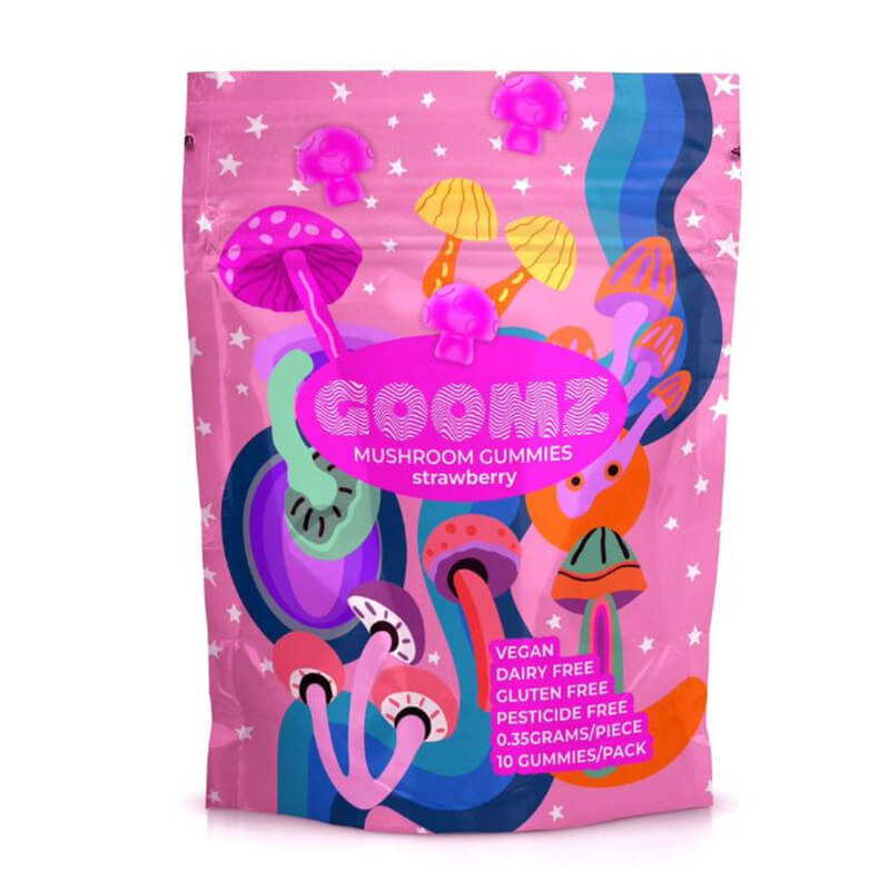 Goomz Strawberry Magic Mushroom Gummies 10ct Bag with Classic Red Theme
