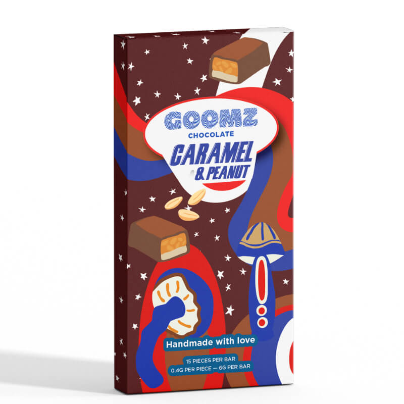 Goomz Caramel & Peanut Chocolate Bar with 15 breakable squares, layered with nuts and caramel, infused with the Magic mushroom blend.
