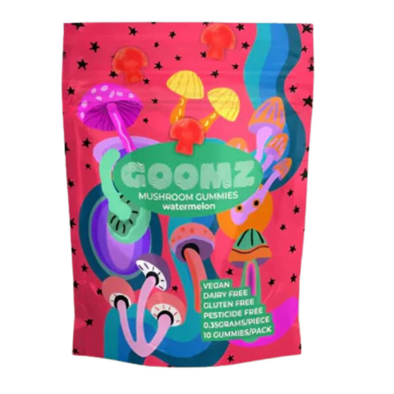 Goomz Watermelon Magic Mushroom Gummies 10ct Bag with Bright Red Packaging