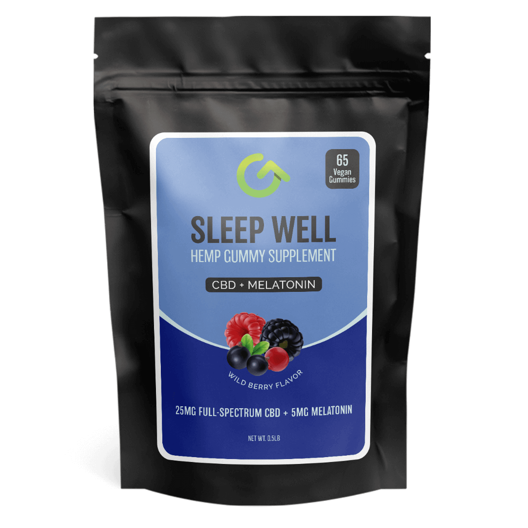 Wild berry-flavored CBD sleep gummies in a bag, each with 25mg CBD & 5mg Melatonin, vegan, sourced from USA hemp, designed for better sleep.