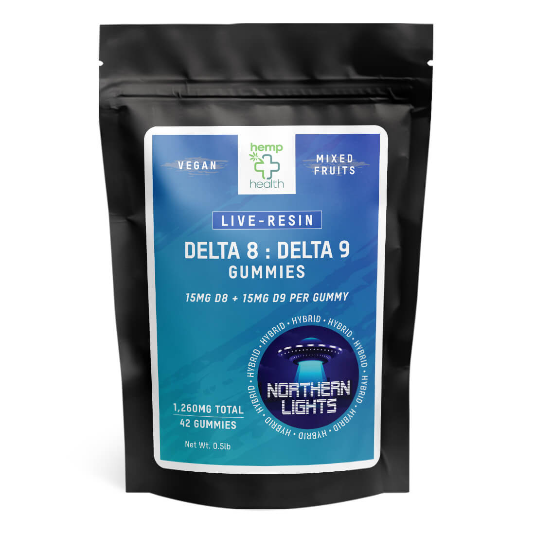 Northern Lights Indica Live Resin Gummies 42ct front packaging Delta 9 Delta 8 lab-tested USA-made.