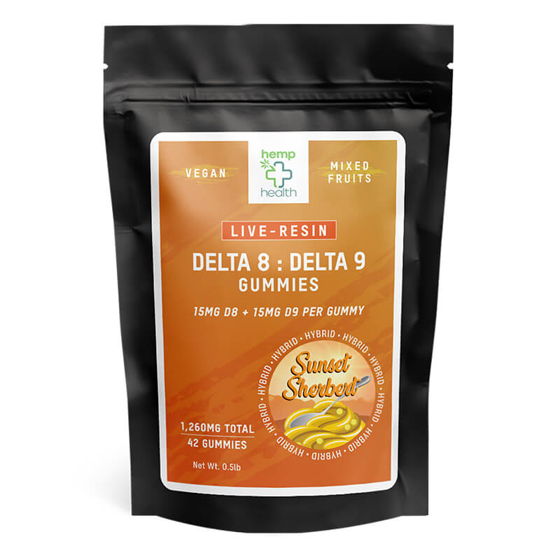 Sunset Sherbert Live Resin Gummies Hybrid 42ct front packaging Delta 9 Delta 8 lab-tested USA-made.