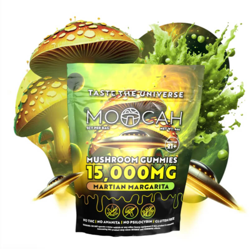 Moocah Martian Margarita Mushroom Gummies 15,000mg bag with galactic lime cosmic design.