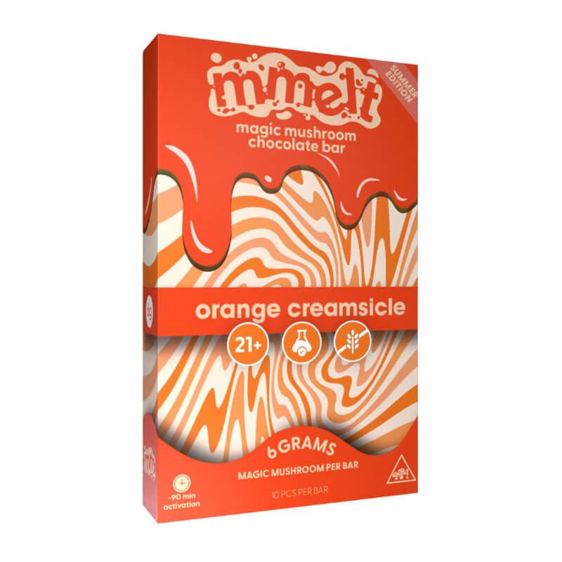Mmelt Orange Creamsicle Magic Mushroom Chocolate Bar Front, Citrus Dessert Packaging.