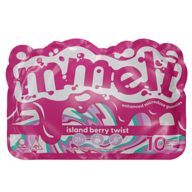 Mmelt Island Berry Twist Magic Mushroom Gummies 10ct Bag with Tropical Berry-Themed Design.