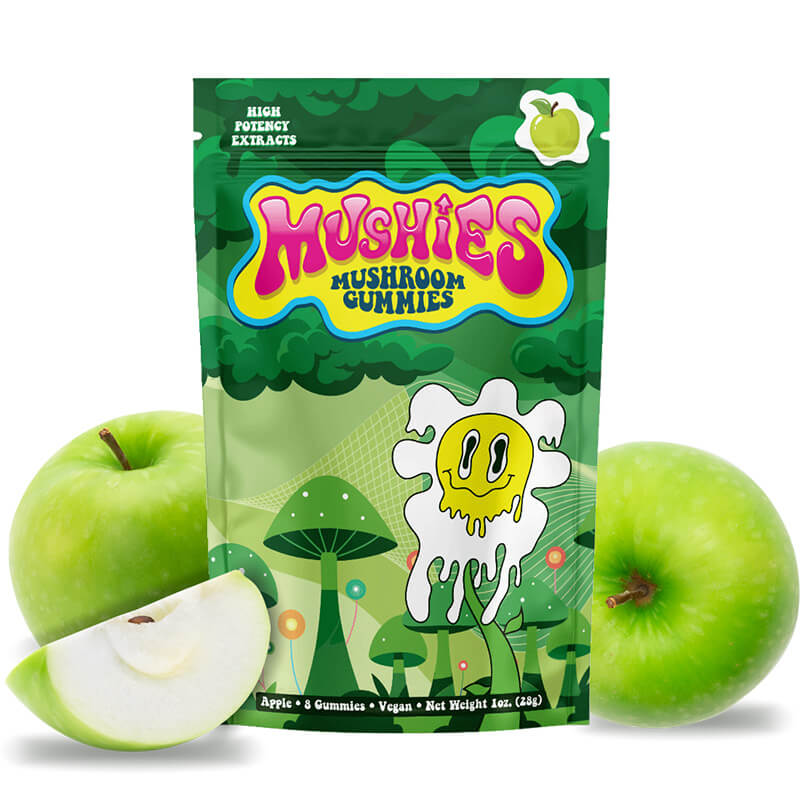 Mushies Apple Mushroom Gummies front packaging high-impact formula vegan lab-tested USA-made.
