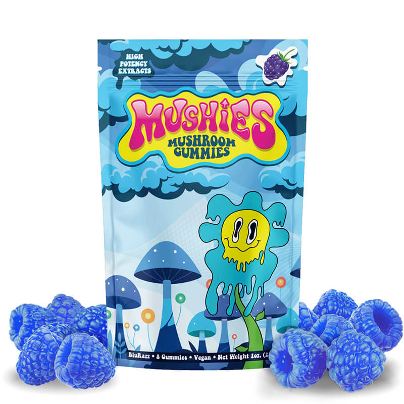 Mushies Blue Raspberry Mushroom Gummies front packaging high-impact formula vegan lab-tested USA-made.