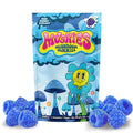 Mushies Blue Raspberry Mushroom Gummies front packaging high-impact formula vegan lab-tested USA-made.