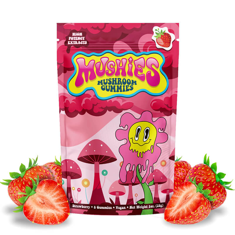 Mushies Strawberry Mushroom Gummies front packaging high-impact formula vegan lab-tested USA-made.