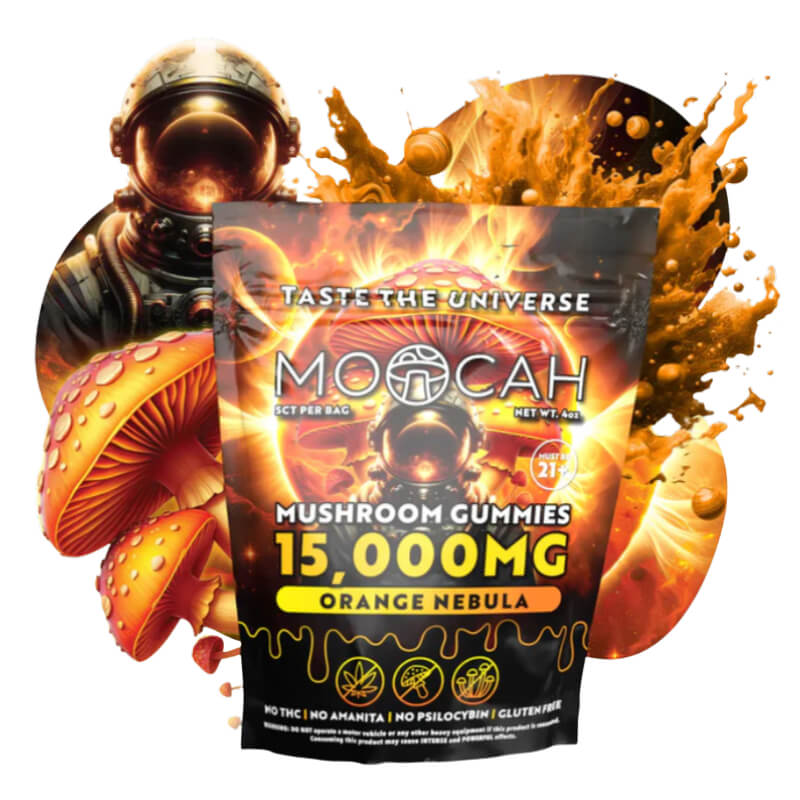 Moocah Orange Nebula Mushroom Gummies 15,000mg pack with bright cosmic citrus design.