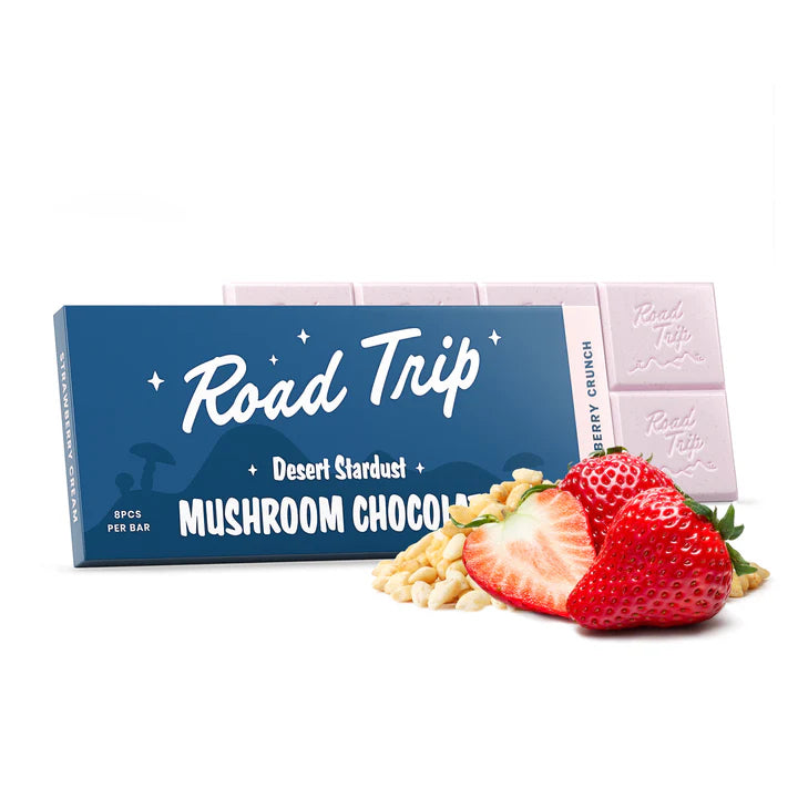  Strawberry Crunch Road Trip Chocolate Bar with pink packaging and crispy infused chocolate squares.