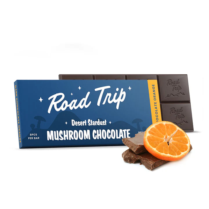  Road Trip Dark Chocolate Orange Bar with citrus accents and premium dark chocolate finish in stylish packaging.
