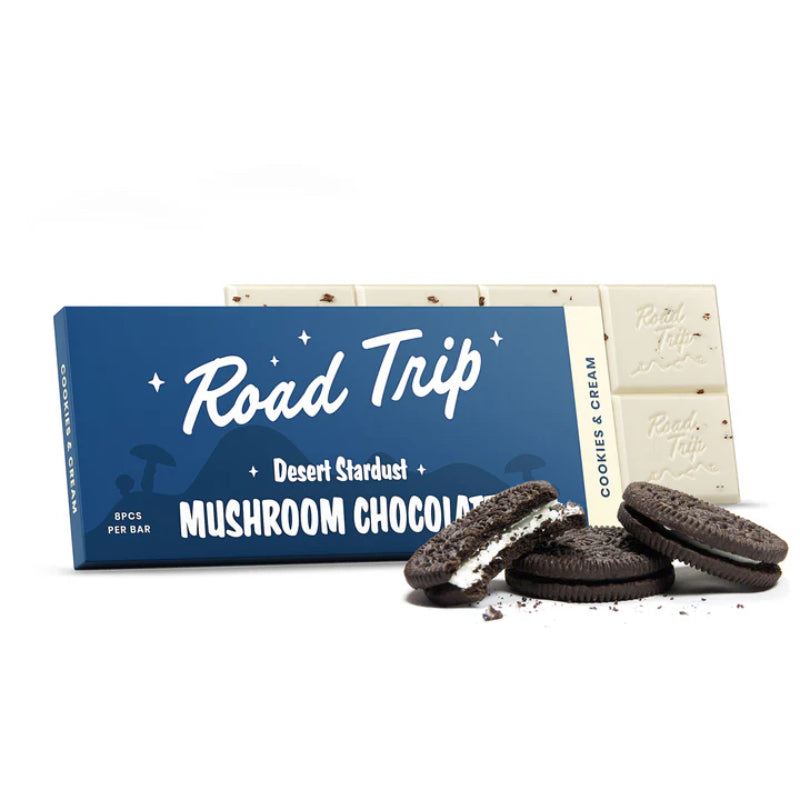  Cookies & Cream Road Trip Bar featuring white chocolate and cookie chunks in retro-designed packaging.
