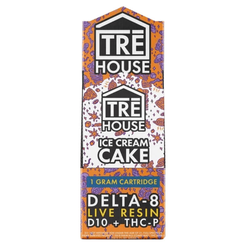 A photo rendition of Tre House's Ice Cream Cake vape cart with Delta 8 live resin and Delta-10 and THC-P cannabis blends. 
