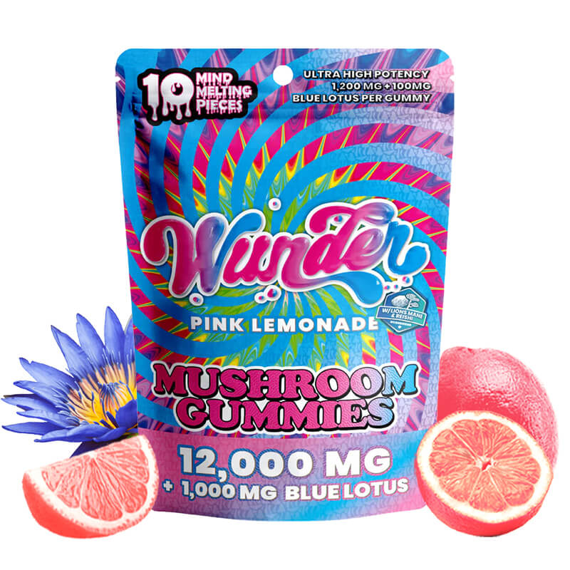 Wunder highly potent magic mushroom gummies packaging with pink lemonade flavor.