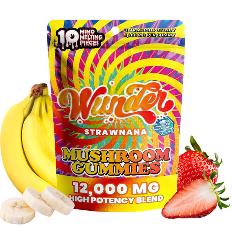 Wunder highly potent, strawberry- and banana-flavored magic mushroom gummies, packaged with bananas and strawberries.