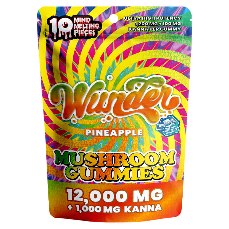 Wunder High Potency Mushroom Gummies with Kanna Pineapple 12000mg 10 count bag front packaging