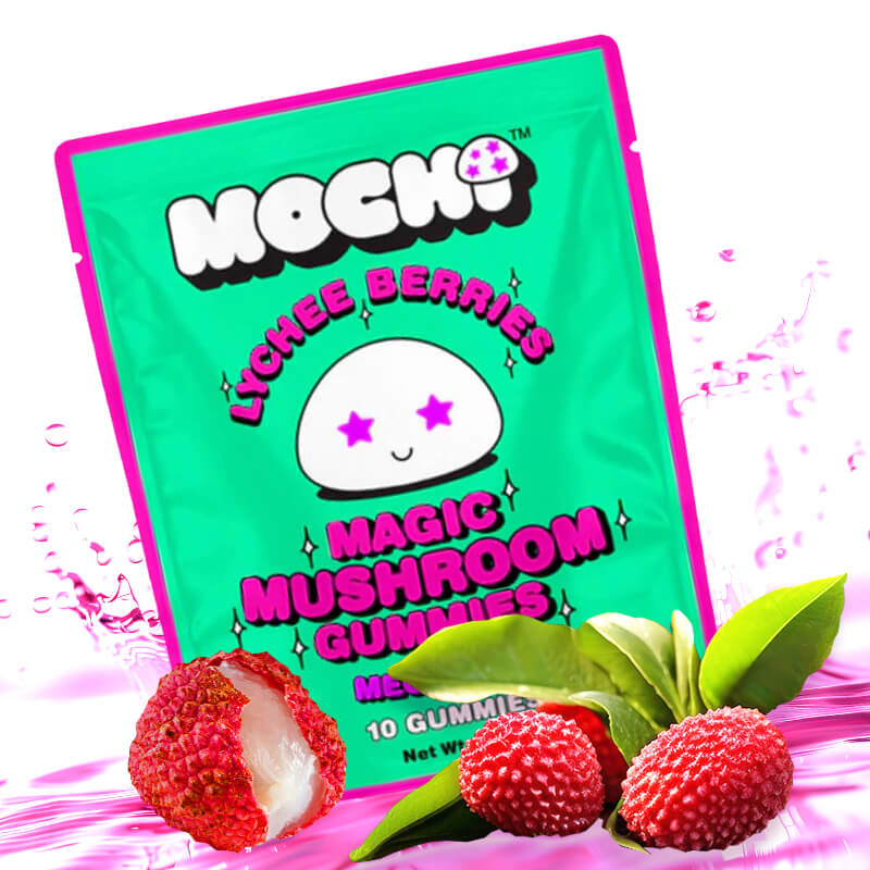 A product picture for the Mochi magic mushroom gummies Lychee Berries flavor. 