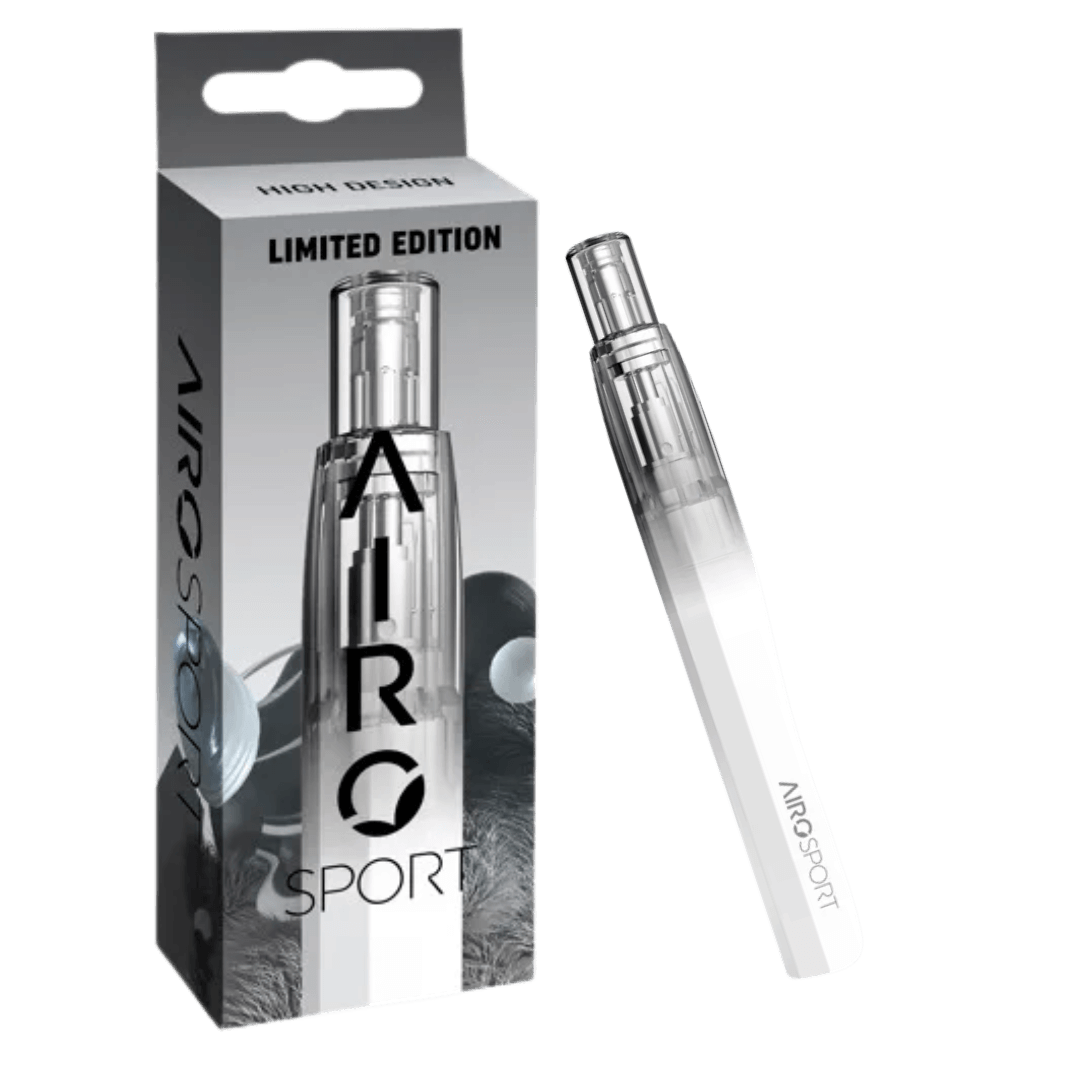 Close-up of the Airopro Limited Edition Airosport Battery, named Arctic Ice, featuring a sleek gradient design transitioning from white at the bottom to clear at the top.