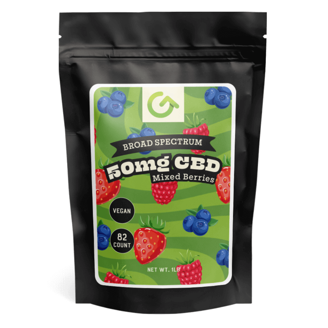 A vibrant bag of Broad Spectrum CBD Gummies, displaying 82 gummies with flavors like Apple, Orange, Red Razz. The packaging highlights the THC-free, 4200mg CBD content.