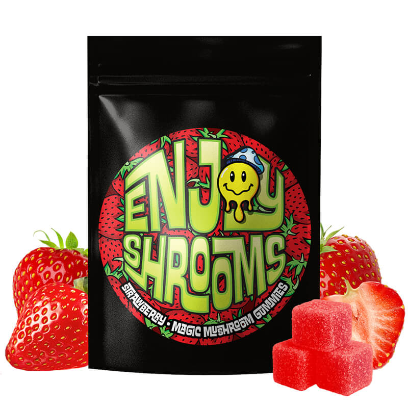  Front of Enjoy Shrooms Strawberry 50ct Mushroom Gummies Bag – vibrant resealable pouch.